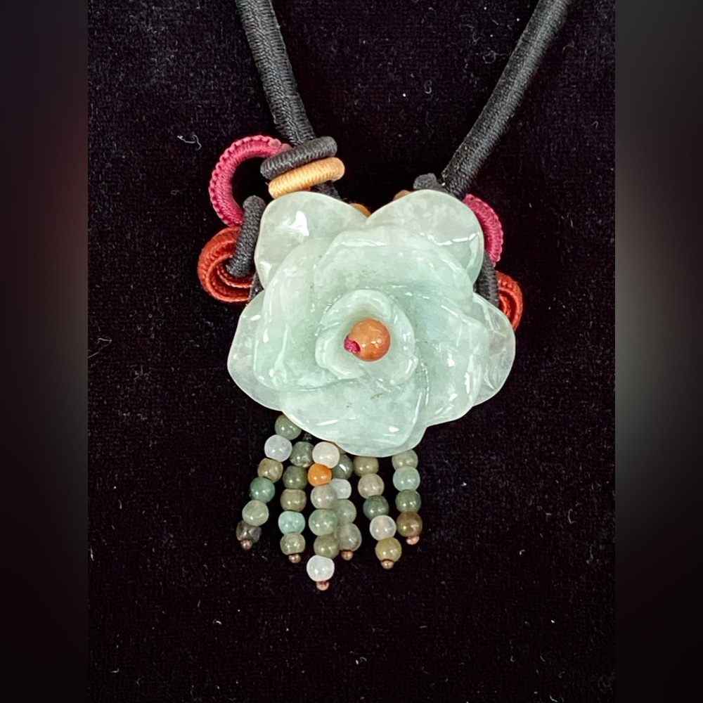 Jade Rose Necklace, Jade Beads, Black, Rose Silk Hand Tied Adjustable Excel Cond